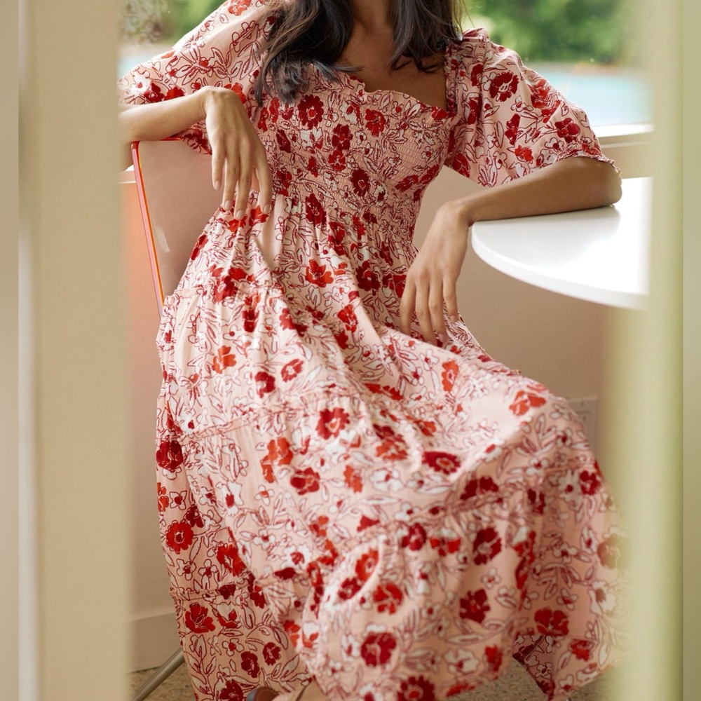 Anthro Ro’s Garden Red Floral Smocked Midi Dress size Small Boho Cottagecore